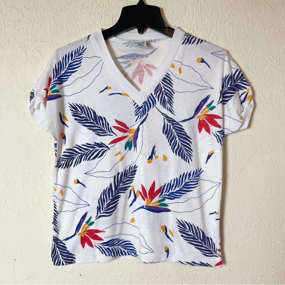 Vintage 1980s Queen's Way to Fashion Women's M Tropical Ringer V Neck Tee Shirt